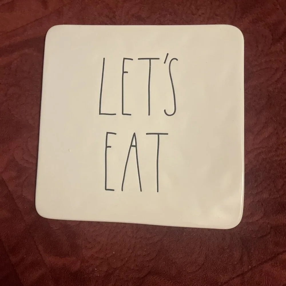 Rae Dunn White Ceramic LET’S EAT Hot Plate Trivet Farmhouse Bohemian Fun‎ Art